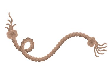 Püskül ve düğümle ipe asılıyor. Denizcilik ipliği ya da deniz dikey ipliği. Beyaz arka planda izole edilmiş halata asılı tekstil püskülleri. Vektör illüstrasyonu.