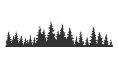 Firavun ağaçları silueti. Kozalaklı ladin yatay arkaplan deseni, siyah yeşil orman vektör çizimi. Güzel el çizimi kozalaklı ormanın manzarası.