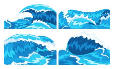 Okyanus dalgaları. Dört sahnede mavi deniz ya da okyanus dalgaları püskürtülmüş, tepesinde köpük var. Su sıçratma, deniz fırtınası elementi, vektör illüstrasyonu.