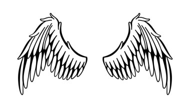Kanatlılar skeci. Stilize kuş kanatları. Elle çizilmiş stiker kanadı açık pozisyonda. Renklendirme biçiminde vektör tasarımı ögeleri.