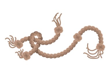 Püskül ve düğümle ipe asılıyor. Denizcilik ipliği ya da deniz dikey ipliği. Beyaz arka planda izole edilmiş halata asılı tekstil püskülleri. Vektör illüstrasyonu.