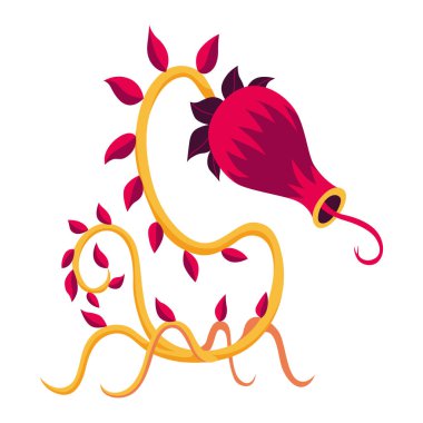 Fantezi dizaynında etobur bitki. Çizgi filmlerdeki sinekkapan, bitki canavarı. Beyaz arka planda dişleri olan vektör çiçek avcısı.