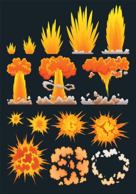 Patlama animasyonu. Patlama etkisi için animasyon. Oyun için çizgi film animasyonu. Patlama efekti çerçeveleri. El çizimi vektör illüstrasyonu.