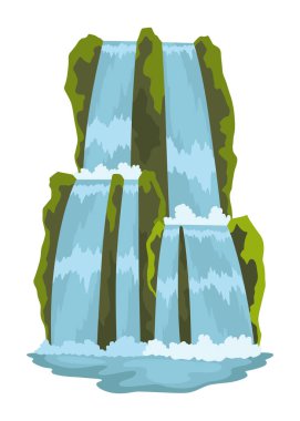 Çizgi film nehri çağlayan şelalesi. Dağlar ve ağaçlarla kaplı bir manzara. Seyahat broşürü veya illüstrasyon mobil oyunu için tasarım ögesi. Taze doğal su.