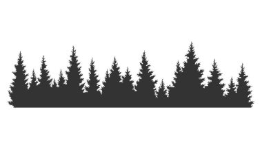 Firavun ağaçları silueti. Kozalaklı ladin yatay arkaplan deseni, siyah yeşil orman vektör çizimi. Güzel el çizimi kozalaklı ormanın manzarası.