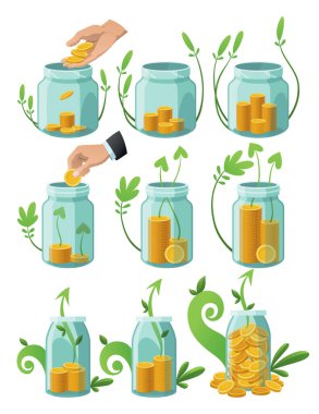 Şişe parası yatırıyorum, ikon seti. Para yetiştirme konsepti, tasarruf ağacını finanse etme, yatırımı finanse etme. Para büyüyen fabrika basamağı banka konseptinde mevduat madeni para ile.