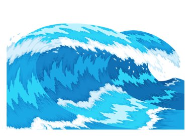 Okyanus dalgaları, su sıçratma, deniz fırtınası. Mavi deniz ya da okyanus dalgası püskürtülmüş, tepesinde köpük var. Vektör illüstrasyonu.