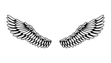 Kanatlılar skeci. Stilize kuş kanatları. Elle çizilmiş stiker kanadı açık pozisyonda. Renklendirme biçiminde vektör tasarımı ögeleri.