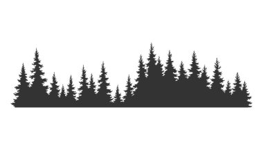 Firavun ağaçları silueti. Kozalaklı ladin yatay arkaplan deseni, siyah yeşil orman vektör çizimi. Güzel el çizimi kozalaklı ormanın manzarası.