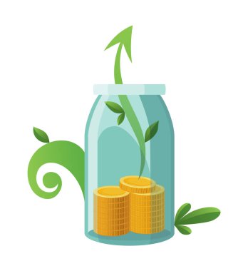 Şişe parası yatırıyorum, ikon. Para yetiştirme konsepti, tasarruf ağacını finanse etme, yatırımı finanse etme. Para büyüyen fabrika basamağı banka konseptinde mevduat madeni para ile.