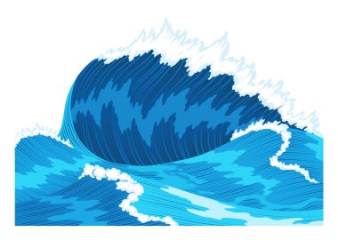 Okyanus dalgaları, su sıçratma, deniz fırtınası. Mavi deniz ya da okyanus dalgası püskürtülmüş, tepesinde köpük var. Vektör illüstrasyonu.