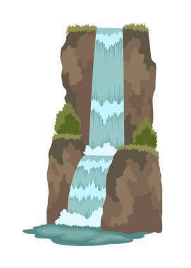 Çizgi film nehri çağlayan şelalesi. Dağlar ve ağaçlarla kaplı bir manzara. Seyahat broşürü veya illüstrasyon mobil oyunu için tasarım ögesi. Taze doğal su.