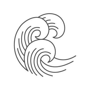 Doğu dalgaları ikonu Japonya. Stilize okyanus dalgası kıvrımı, Japonya tarzı tsunami, deniz girdabı grafiği. Okyanus suyu Asyalı dekoratif süsleme elementi. Deniz dalgası çizgisi sanat vektörü çizimi.