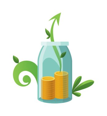 Şişe parası yatırıyorum, ikon. Para yetiştirme konsepti, tasarruf ağacını finanse etme, yatırımı finanse etme. Para büyüyen fabrika basamağı banka konseptinde mevduat madeni para ile.