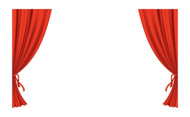 Kırmızı perdeler gerçekçi. Sinema veya opera salonu için ipek kumaş dekorasyonu. Perdeler ve perdeler iç dekorasyon objesi. Tiyatro sahnesi için saydam olarak izole edilmiş..