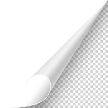 Kıvrılmış kağıt köşesi. Eğri sayfa köşesi, sayfa kenarı kıvrımlı ve gerçekçi gölgesi olan eğri kağıt çarşaf. Kağıt köşe katlaması beyaz arkaplanda izole edildi.