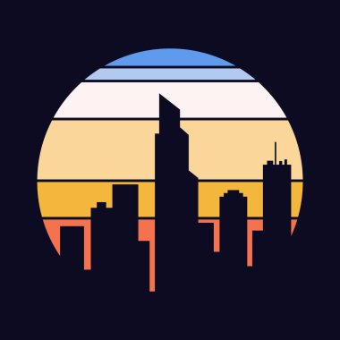 Çizgili günbatımı logosu. Rozetler için renkli vintage resimler çiz. Turizm, seyahat konsepti, macera logosu. Çizgi film vektör illüstrasyonu.