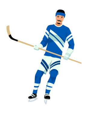 Hokey oyuncusu. Buz hokeyi takımı sporu, hokey sopalı erkekler. Çizgi filmlerdeki gibi kasklı bir sporcu. Vektör illüstrasyonu beyaz arkaplanda izole edildi.