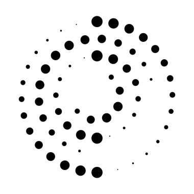 Yarım tonluk noktalı hız çizgileri çemberi. Geometrik sanat daire şeklinde. Yuvarlak girdap hareketi sembolü. Yarım tonluk dairesel noktalı çerçeve. Vektör tasarım ögesi.