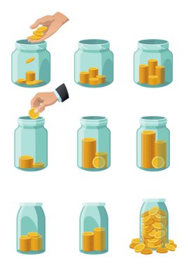 Şişe parası yatırıyorum, ikon seti. Para yetiştirme konsepti, tasarruf ağacını finanse etme, yatırımı finanse etme. Para büyüyen fabrika basamağı banka konseptinde mevduat madeni para ile.