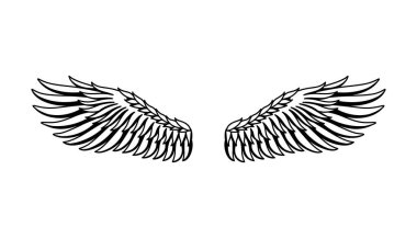 Kanatlılar skeci. Stilize kuş kanatları. Elle çizilmiş stiker kanadı açık pozisyonda. Renklendirme biçiminde vektör tasarımı ögeleri.