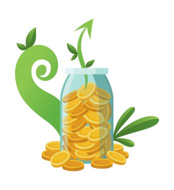 Şişe parası yatırıyorum, ikon. Para yetiştirme konsepti, tasarruf ağacını finanse etme, yatırımı finanse etme. Para büyüyen fabrika basamağı banka konseptinde mevduat madeni para ile.