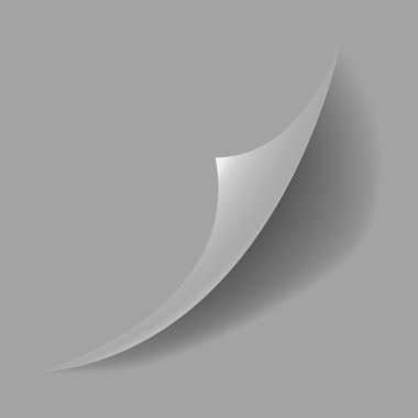 Kıvrılmış kağıt köşesi. Eğri sayfa köşesi, sayfa kenarı kıvrımlı ve gerçekçi gölgesi olan eğri kağıt çarşaf. Kağıt köşe katlaması beyaz arkaplanda izole edildi.