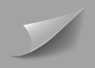 Kıvrılmış kağıt köşesi. Eğri sayfa köşesi, sayfa kenarı kıvrımlı ve gerçekçi gölgesi olan eğri kağıt çarşaf. Kağıt köşe katlaması beyaz arkaplanda izole edildi.