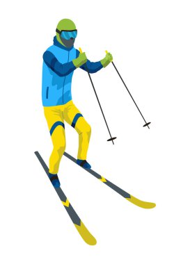 Kayakçı, ikon. Sporcu spor yapıyor. Kayak yapan insanlar. Çizgi film kış sporu karakteri, seyahat aktivitesi. Tatil kavramı. Vektör illüstrasyonu beyaz arkaplanda izole edildi.