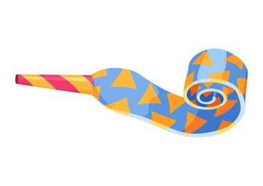 Parti üfleyicisi ya da ses çıkaran ikon. Yuvarlanan ses, kutlama konsepti. Parti kornosu çıkartmasının düz tasarımı. Vektör çizgi film illüstrasyonu.