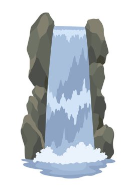 Karikatür nehri şelalesi. Dağlar ve ağaçlarla kaplı bir manzara. Seyahat broşürü veya illüstrasyon mobil oyunu için tasarım ögesi. Taze doğal su.