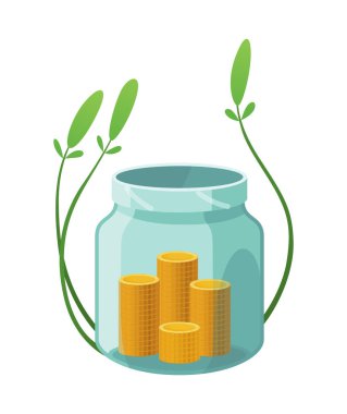 Şişe parası yatırıyorum, ikon. Para yetiştirme konsepti, tasarruf ağacını finanse etme, yatırımı finanse etme. Para büyüyen fabrika basamağı banka konseptinde mevduat madeni para ile.