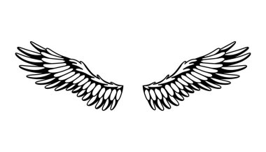 Kanatlılar skeci. Stilize kuş kanatları. Elle çizilmiş stiker kanadı açık pozisyonda. Renklendirme biçiminde vektör tasarımı ögeleri.