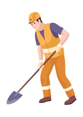 Güvenlik teçhizatı takan kendini adamış bir inşaat işçisi bir kürekle toprağı kazıyor. İnşaat ve işçilik ile ilgili çizimler için ideal.