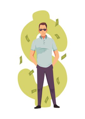 Zengin adam düz çizgi film elemanı, milyoner adam para vektör çizimi.