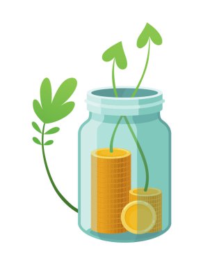 Şişe parası yatırıyorum, ikon. Para yetiştirme konsepti, tasarruf ağacını finanse etme, yatırımı finanse etme. Para büyüyen fabrika basamağı banka konseptinde mevduat madeni para ile.