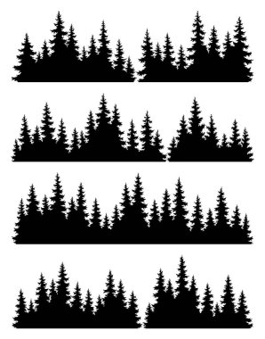 Bir dizi köknar ağacı silueti. Kozalaklı ladin yatay arkaplan desenleri, siyah yeşil orman vektör çizimi. Güzel el çizimi kozalaklı ormanın panoramaları..