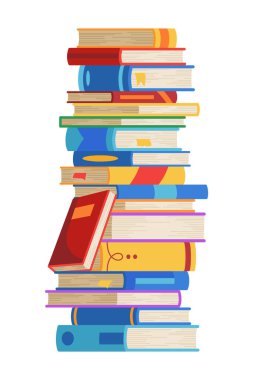 Yüksek kitap yığınları ya da yığın. Kütüphane ders kitapları, okul edebiyatı, sözlükler. Kitapçı reklamı. Çizgi roman yığınları beyaz üzerine izole edilmiş farklı renkli kapaklar ile açı görünümü.