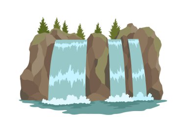 Karikatür nehri şelalesi. Dağlar ve ağaçlarla kaplı bir manzara. Seyahat broşürü veya illüstrasyon mobil oyunu için tasarım ögesi. Taze doğal su.