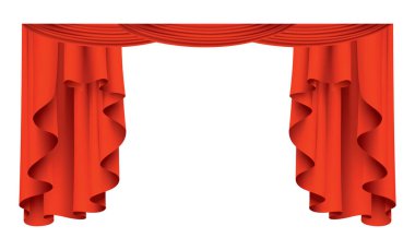 Kırmızı perdeler gerçekçi. Sinema veya opera salonu için ipek kumaş dekorasyonu. Perdeler ve perdeler iç dekorasyon objesi. Tiyatro sahnesi için saydam olarak izole edilmiş..