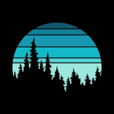 Çizgili günbatımı logosu. Rozetler için renkli vintage resimler çiz. Turizm, seyahat konsepti, macera logosu. Çizgi film vektör illüstrasyonu.