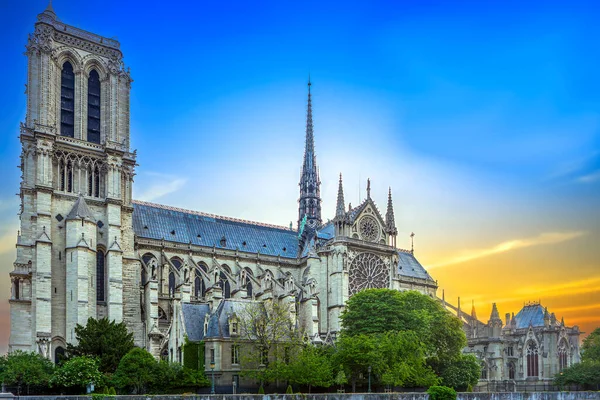 圣母院巴黎大教堂日出时在塞纳河畔 — 图库照片