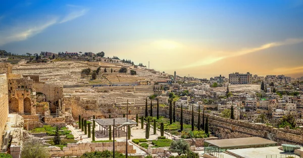 Vecchia Nuova Gerusalemme Nei Colori Dorati Del Sole Tramonto — Foto Stock
