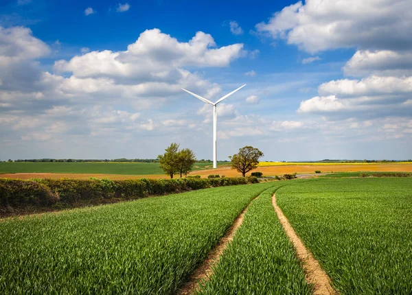 具有风力涡轮机生态土地的农业景观 — 图库照片