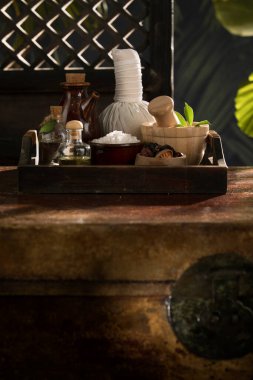 view of spa theme objects on tropic color back 