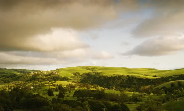 Panoramablick Auf Schöne Grüne Sommerhügel Auf Blauem Himmel Hintergrund — Stockfoto