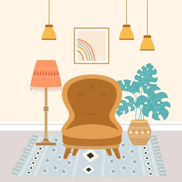 Wnętrze Salonu Meblami Przytulny Fotel Dywanie Lampą Podłogową Rośliną Domową — Wektor stockowy