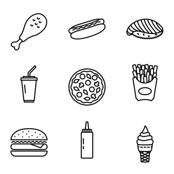 Set Icone Correlate Fast Food Cibo Strada Pittogramma Isolato Sfondo — Vettoriale Stock