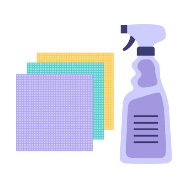Deterjanlar sprey şişesi ve kumaş ikonu, beyaz arka planda izole edilmiş ev aletlerinin vektör illüstrasyonu