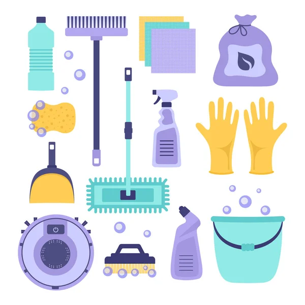 Cartoon Vector Illustration Bucket Cleaning Supplies Bottles Spray Sponge Brush — Stock Vector